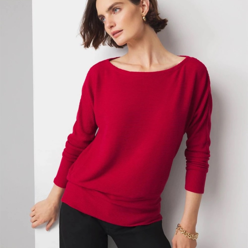 WHBM Red Boat Neck Tunic Sweater Ribbed Knit Dolman Sleeves M Medium $89 EUC KL